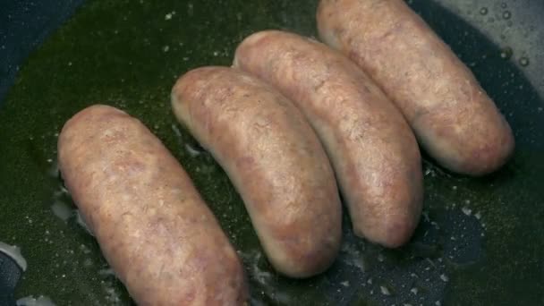 Raw Sausages Cooking Pan — Stock Video