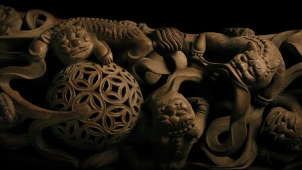 Passing Ornate Wood Panel Dragon Creatures — Stock Video