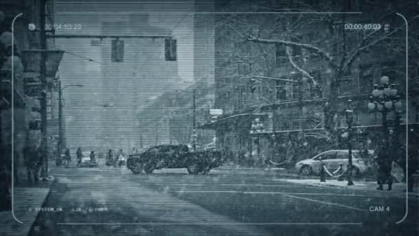 Cctv Άτομα Διάβαση Δρόμος Χιονισμένο Καιρικές Συνθήκες — Αρχείο Βίντεο