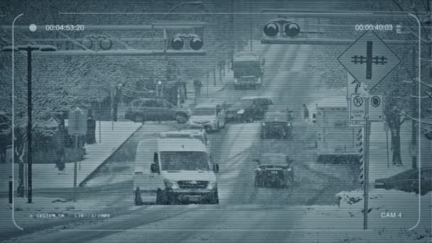 Cctv City Intersección Tormenta Nieve — Vídeo de stock