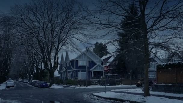 Autos Passieren Häuser Bei Schneefall Abend — Stockvideo