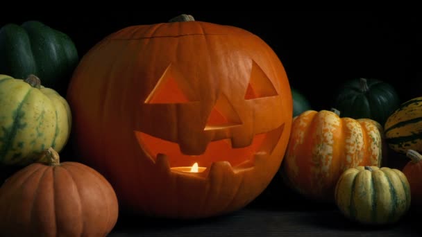 Glödande Halloweenpumpa Bordet — Stockvideo