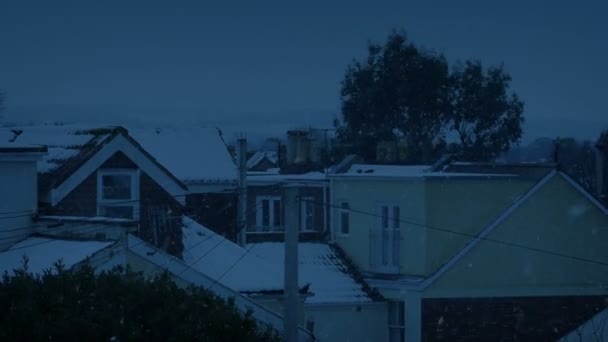 Häuser Schneefall Mit Vögeln Die Der Dämmerung Herumfliegen — Stockvideo