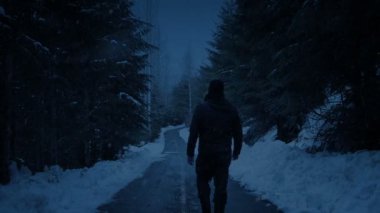 Akşam vakti Karlı Yol 'da Yürüyen Adam