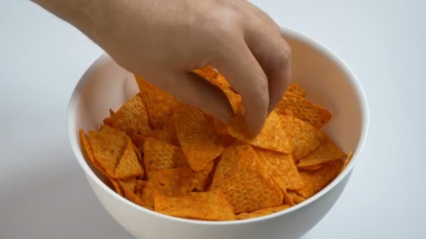 Person Takes Tortilla Chips Bowl — Stock Video