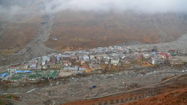 Kedarnath Tapınağı 'nın havadan görünüşü Kedarnath Felaketi 2013' ten sonra. İnsanlara ve mülke ağır zarar verildi. En kötü felaket. Heyelan, sel, Hindistan 'da sağanak yağış.