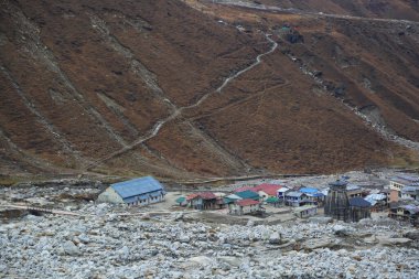 Kedarnath Tapınağı 'nın havadan görünüşü Kedarnath Felaketi 2013' ten sonra. İnsanlara ve mülke ağır zarar verildi. En kötü felaket. Heyelan, sel, Hindistan 'da sağanak yağış.