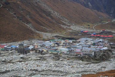 Kedarnath Tapınağı 'nın havadan görünüşü Kedarnath Felaketi 2013' ten sonra. İnsanlara ve mülke ağır zarar verildi. En kötü felaket. Heyelan, sel, Hindistan 'da sağanak yağış.
