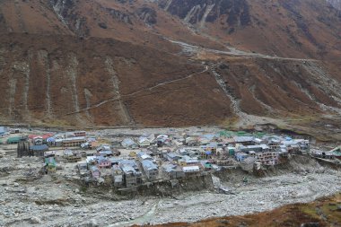 Kedarnath Tapınağı 'nın havadan görünüşü Kedarnath Felaketi 2013' ten sonra. İnsanlara ve mülke ağır zarar verildi. En kötü felaket. Heyelan, sel, Hindistan 'da sağanak yağış.