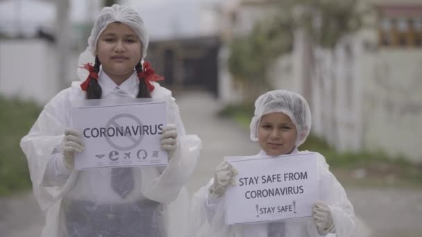 Covid Coronavirus Deadly Virus Children Wearing Mask Gloves Protection Dress — Stock Video