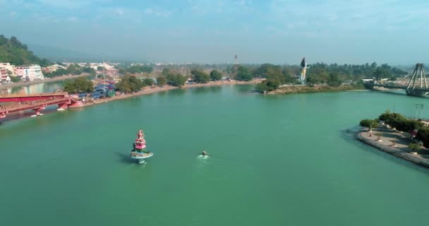 Letecký Pohled Svatou Ghat Har Pauri Haridwar Břehu Řeky Ganges — Stock video