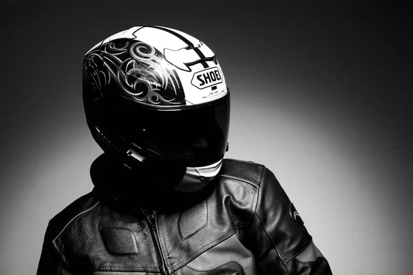 Handsome Guy Motorcyclist Helmet Black White Photo — Stock Photo, Image