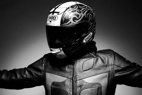 Handsome Guy Motorcyclist Helmet Black White Photo Stock Photo