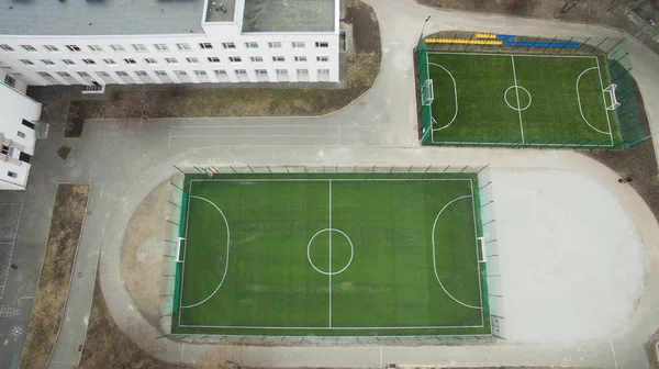 Hermosa Foto Campo Fútbol Moderno Desde Una Altura Con Césped —  Fotos de Stock