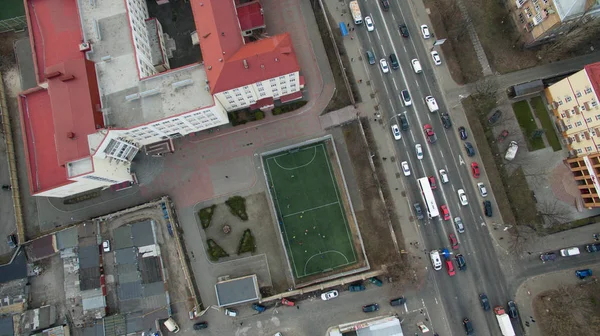 Hermosa Foto Campo Fútbol Moderno Desde Una Altura Con Césped — Foto de Stock