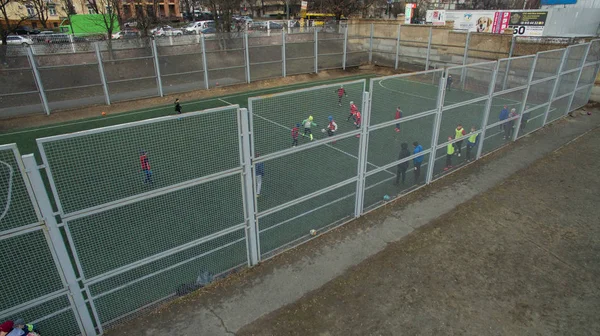 Hermosa Foto Campo Fútbol Moderno Desde Una Altura Con Césped —  Fotos de Stock