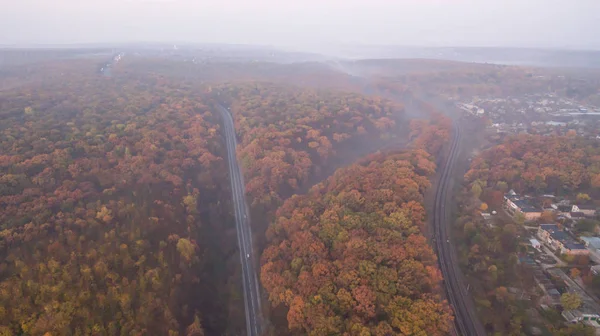 Foto Eines Herbstwaldes Luftaufnahme Bei Sonnenuntergang — Stockfoto