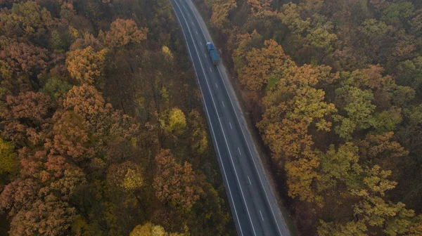 Foto Uma Vista Aérea Floresta Outono Pôr Sol — Fotografia de Stock