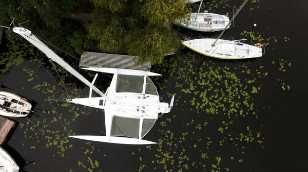 Viele Schöne Weiße Yachten Fahren Herbst Den Fluss Entlang — Stockfoto