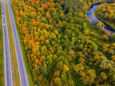 Sonbahar renkleriyle dolu ormanın havadan görünüşü otoyol ve nehirle kesişiyor.