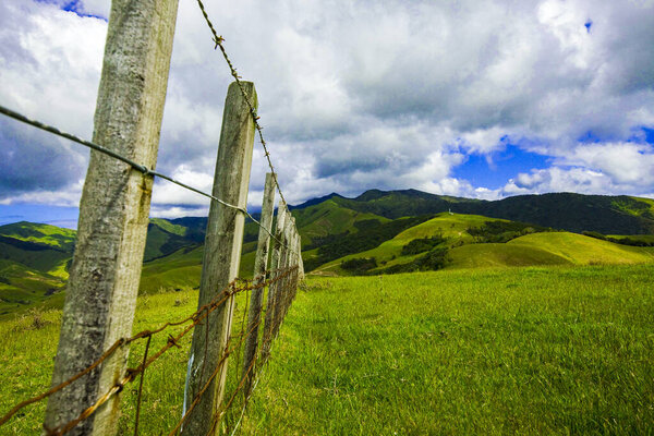 Красивые холмы с забором из колючей проволоки в Новой Зеландии