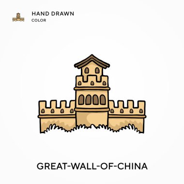 Çin Seddi El çizimi renkli ikon. Modern vektör illüstrasyon kavramları. Düzenlemesi ve kişiselleştirmesi kolay
