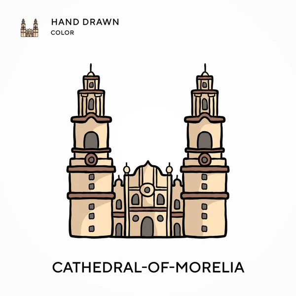 Morelia Katedrali El renk ikonu çizdi. Modern vektör illüstrasyon kavramları. Düzenlemesi ve kişiselleştirmesi kolay