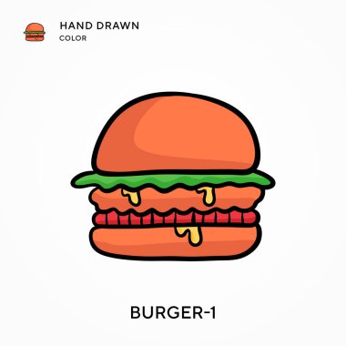 Burger-1 El çizilmiş renk simgesi. Modern vektör illüstrasyon kavramları. Düzenlemesi ve kişiselleştirmesi kolay