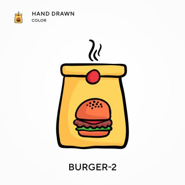 Burger-2 El çizilmiş renk simgesi. Modern vektör illüstrasyon kavramları. Düzenlemesi ve kişiselleştirmesi kolay