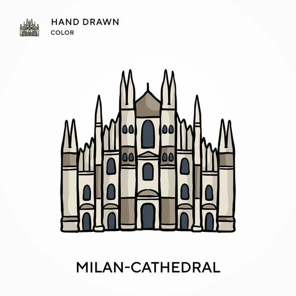 Milan Katedrála Ručně Kreslené Barevné Ikony Moderní Vektorové Ilustrační Koncepce — Stockový vektor