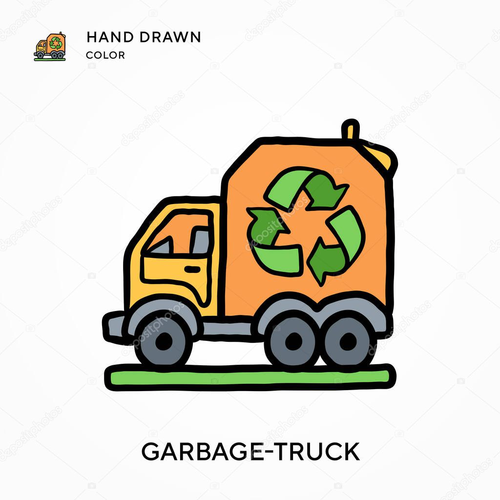 Garbage-truck Hand drawn color icon. Modern vector illustration concepts. Easy to edit and customize
