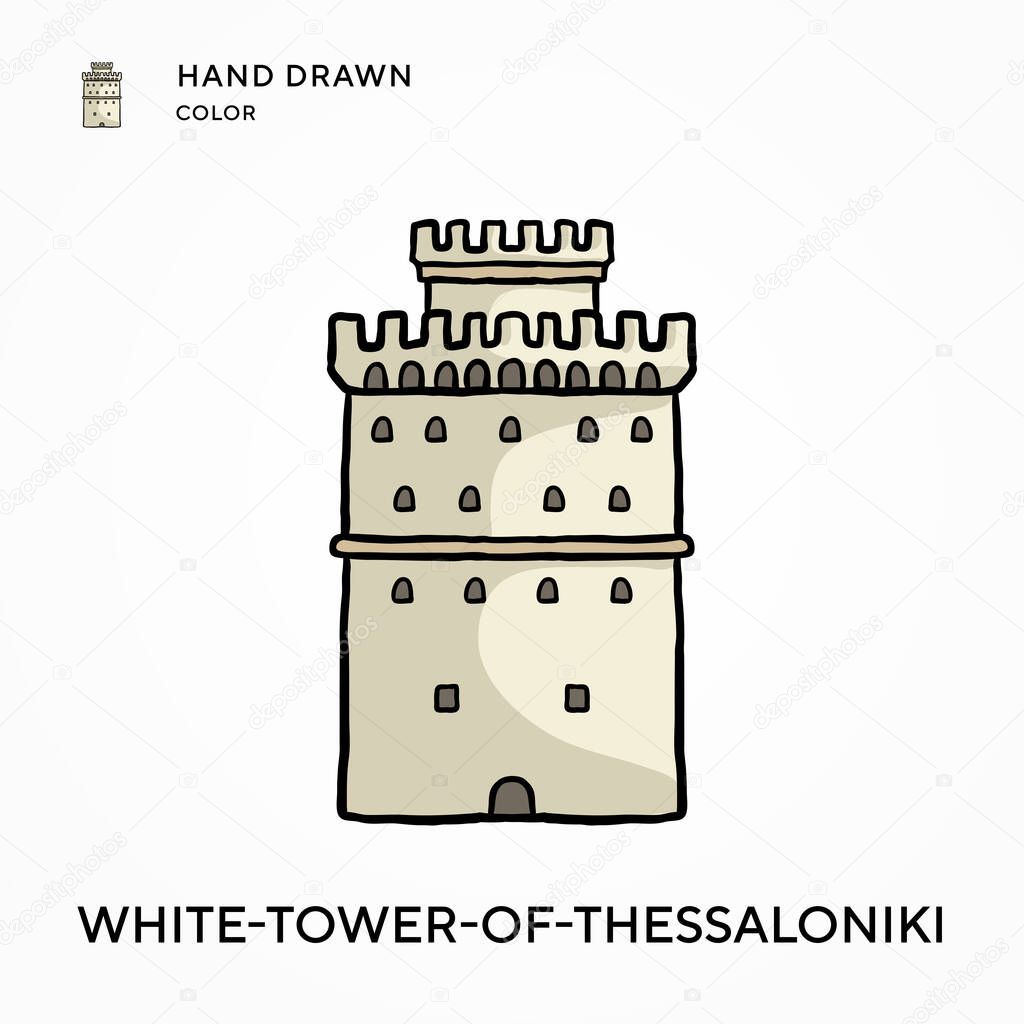 White-tower-of-thessaloniki Hand drawn color icon. Modern vector illustration concepts. Easy to edit and customize