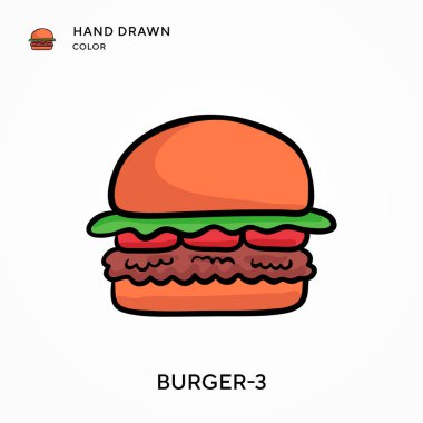 Burger-3 El çizilmiş renk simgesi. Modern vektör illüstrasyon kavramları. Düzenlemesi ve kişiselleştirmesi kolay