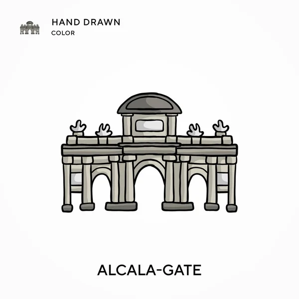 Alcala Gate Ručně Kreslené Barevné Ikony Moderní Vektorové Ilustrační Koncepce — Stockový vektor