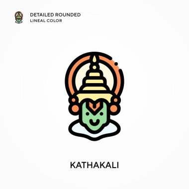 Kathakali ayrıntılı yuvarlak çizgisel renk. Modern vektör illüstrasyon kavramları. Düzenlemesi ve kişiselleştirmesi kolay.