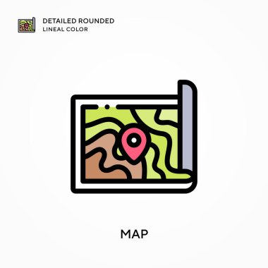 Haritanın ayrıntılı yuvarlak çizgisel rengi. Modern vektör illüstrasyon kavramları. Düzenlemesi ve kişiselleştirmesi kolay.