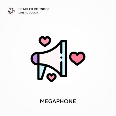 Megafon ayrıntılı yuvarlak doğrusal renk. Modern vektör illüstrasyon kavramları. Düzenlemesi ve kişiselleştirmesi kolay.