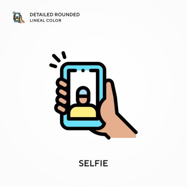 Selfie ayrıntılı yuvarlak çizgisel renk. Modern vektör illüstrasyon kavramları. Düzenlemesi ve kişiselleştirmesi kolay.