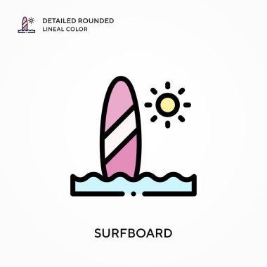 Sörf tahtası ayrıntılı yuvarlak çizgisel renk. Modern vektör illüstrasyon kavramları. Düzenlemesi ve kişiselleştirmesi kolay.