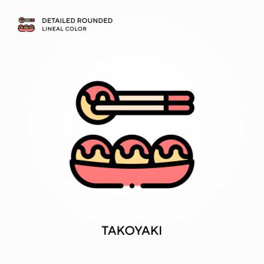 Takoyaki ayrıntılı yuvarlak çizgisel renk. Modern vektör illüstrasyon kavramları. Düzenlemesi ve kişiselleştirmesi kolay.