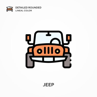 Jeep detaylı yuvarlak çizgisel renk. Modern vektör illüstrasyon kavramları. Düzenlemesi ve kişiselleştirmesi kolay.