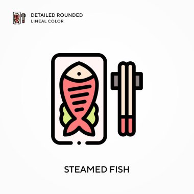 Buharda pişmiş balık yuvarlak çizgisel renkte detaylı. Modern vektör illüstrasyon kavramları. Düzenlemesi ve kişiselleştirmesi kolay.