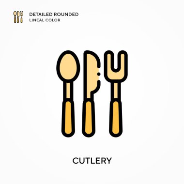 Çatal bıçak takımı yuvarlak çizgi rengini detaylandırdı. Modern vektör illüstrasyon kavramları. Düzenlemesi ve kişiselleştirmesi kolay.