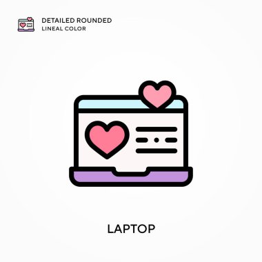 Laptop ayrıntılı yuvarlak doğrusal renk. Modern vektör illüstrasyon kavramları. Düzenlemesi ve kişiselleştirmesi kolay.