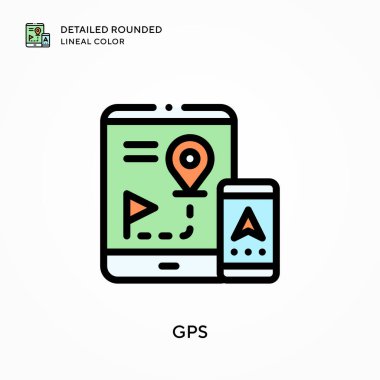 GPS ayrıntılı yuvarlak çizgisel renk. Modern vektör illüstrasyon kavramları. Düzenlemesi ve kişiselleştirmesi kolay.