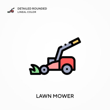 Çim biçme makinesi ayrıntılı yuvarlak çizgisel renk. Modern vektör illüstrasyon kavramları. Düzenlemesi ve kişiselleştirmesi kolay.