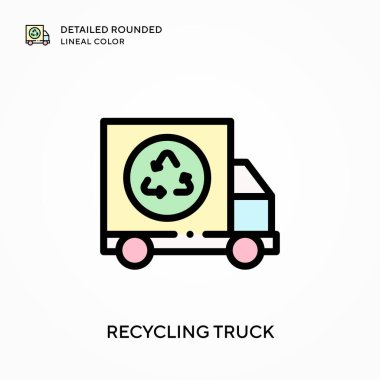 Geri dönüşüm kamyonu ayrıntılı yuvarlak çizgisel renk. Modern vektör illüstrasyon kavramları. Düzenlemesi ve kişiselleştirmesi kolay.