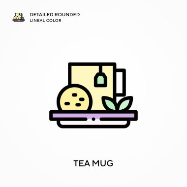 Çay fincanı ayrıntılı yuvarlak çizgisel renk. Modern vektör illüstrasyon kavramları. Düzenlemesi ve kişiselleştirmesi kolay.