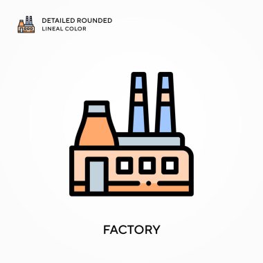 Fabrika detaylı yuvarlak çizgisel renk. Modern vektör illüstrasyon kavramları. Düzenlemesi ve kişiselleştirmesi kolay.