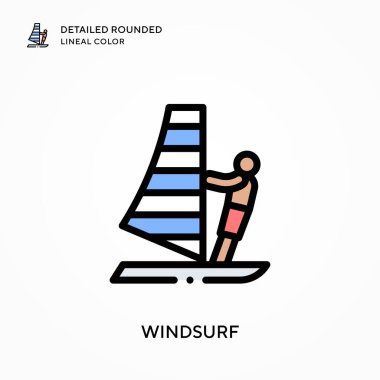 Rüzgâr sörfünün ayrıntılı yuvarlak çizgisel rengi. Modern vektör illüstrasyon kavramları. Düzenlemesi ve kişiselleştirmesi kolay.